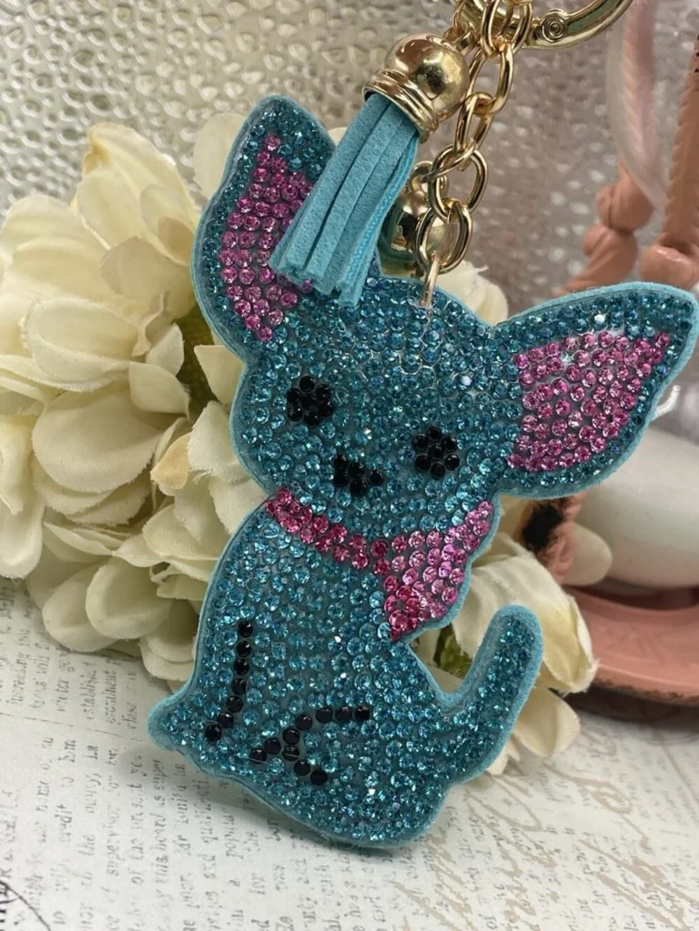 Bling Blue Dog Sparkling Rhinestone Chihuahua Keychain Gold Purse charm Gift
